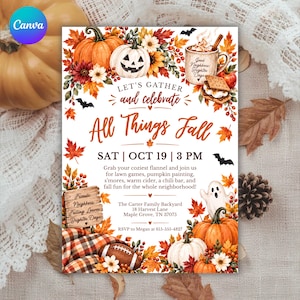 May include: A seasonal invitation card decorated with pumpkins, autumn leaves, a mug with text Good Neighbor Brighter Days, a s'more, a ghost, and a football. Text includes Let's Gather and celebrate All Things Fall, SAT | OCT 19 | 3 PM, and event details.