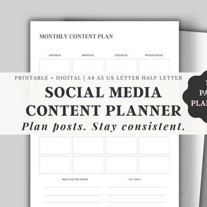 Puede incluir: Un planificador de contenido de redes sociales blanco con el texto "Planifica publicaciones. Mantente constante." El planificador incluye secciones para un plan de contenido mensual, con espacios para cada día de la semana.
