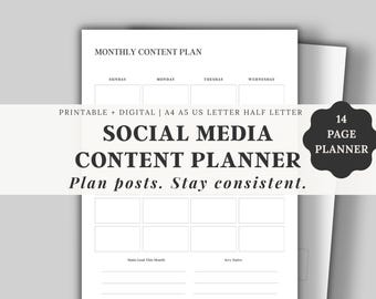 Planificador de contenido imprimible, calendario de redes sociales, sistema de contenido semanal, organizador de publicaciones en PDF, plantilla de GoodNotes, diseño minimalista y limpio.