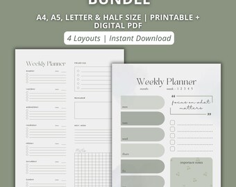 Paquete imprimible de planificador semanal, inserto minimalista verde salvia sin fecha, 4 diseños, tamaño A4, A5, carta (EE. UU.), media carta.