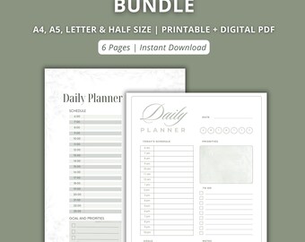 Paquete imprimible de planificador diario / Páginas minimalistas para planificador diario / Tamaño A4, A5, carta de EE. UU., media carta / Juego de 6 páginas