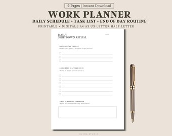 Planificador de trabajo imprimible / Organizador de trabajo diario con lista de tareas, horario y rutina de fin de día / PDF