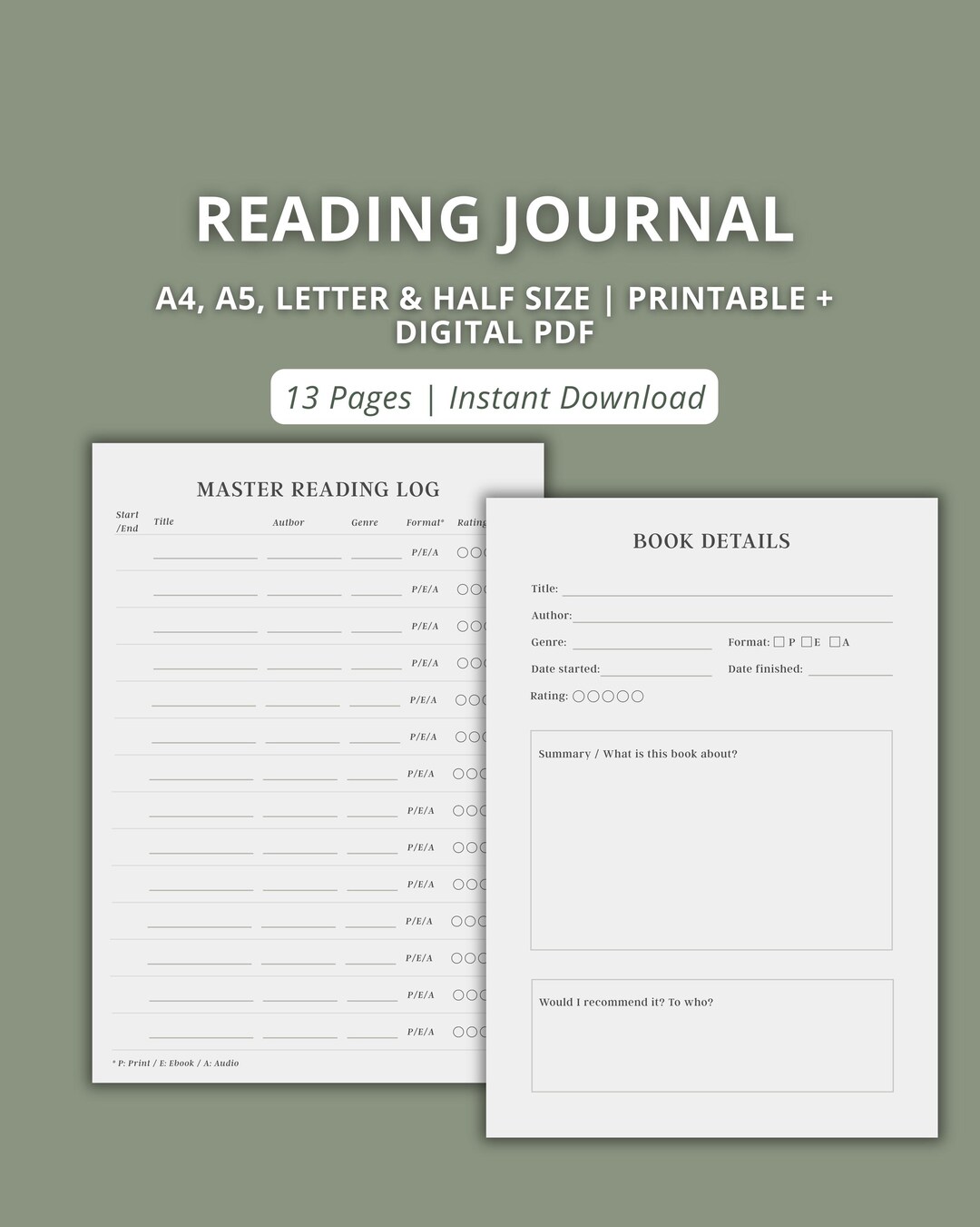 Reading Journal Printable | Book Tracker & Reading Log | Book Review ...