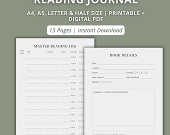 Diario de lectura imprimible / Registro de lectura y seguimiento de libros / Páginas de reseñas de libros + Resumen mensual / Descarga digital