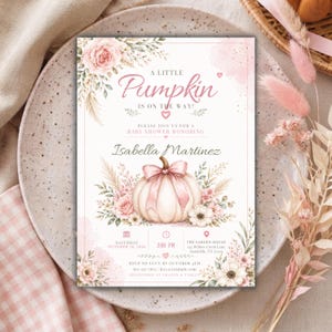 Invitación para baby shower de calabaza rosa, invitación para baby shower de niña con temática de calabaza otoñal, baby shower floral con lazo rosa, plantilla editable de Canva