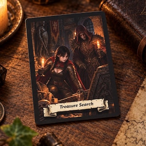 May include: A rectangular game card featuring a dark fantasy illustration of two figures in armor exploring a stone chamber by candlelight. The card has a black border and a white scroll graphic at the bottom with the text Treasure Search.