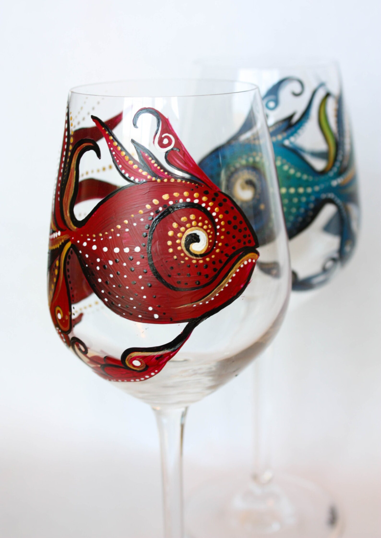 Hand Painted Wine Glass Red Fish Blue Fish Set of 2 Etsy