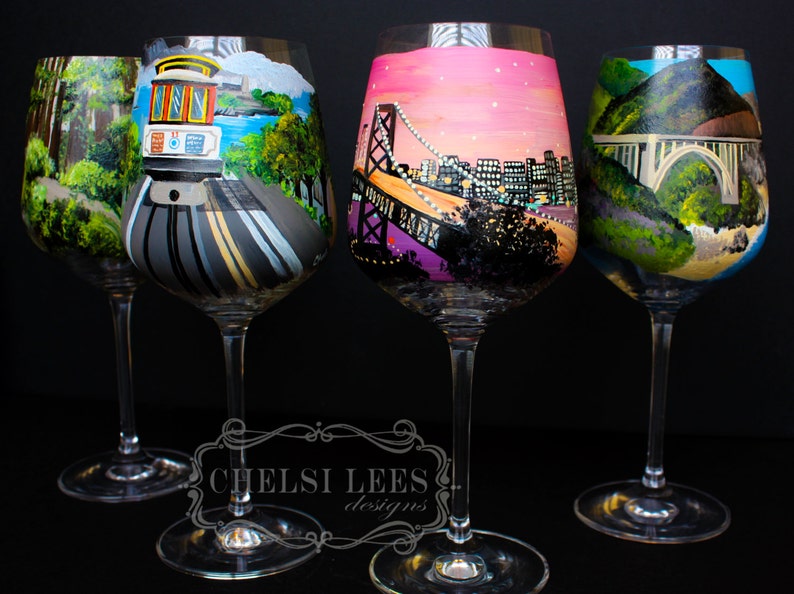 San Francisco California CA Hand Painted Wine Glass Set Etsy