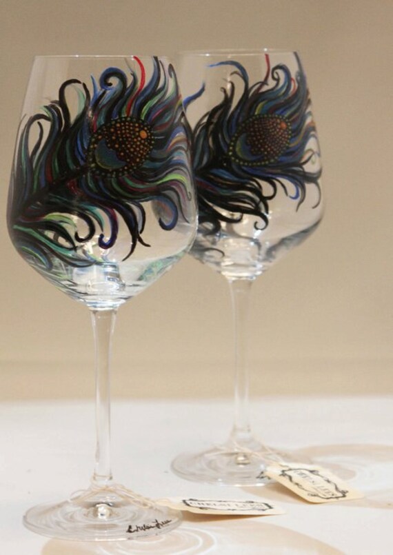 Items similar to Set of 2 Hand Painted Wine Glass Original Peacock