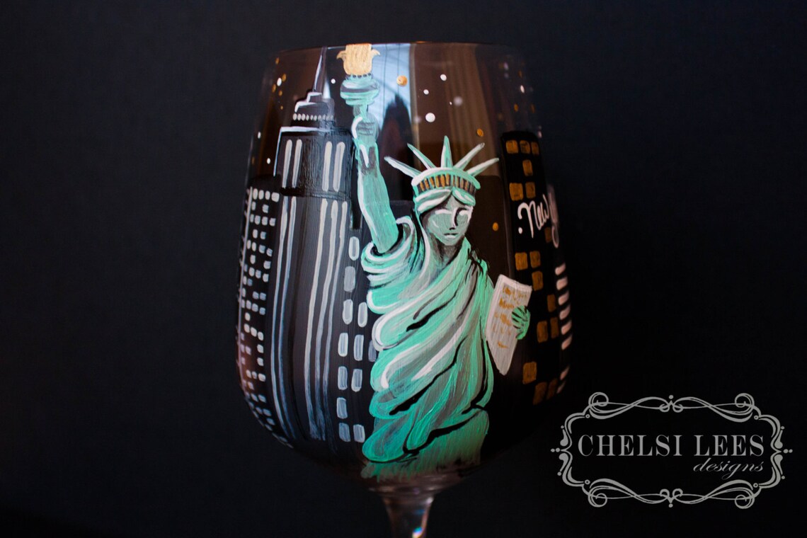 New York NY Hand Painted Wine Glass Etsy