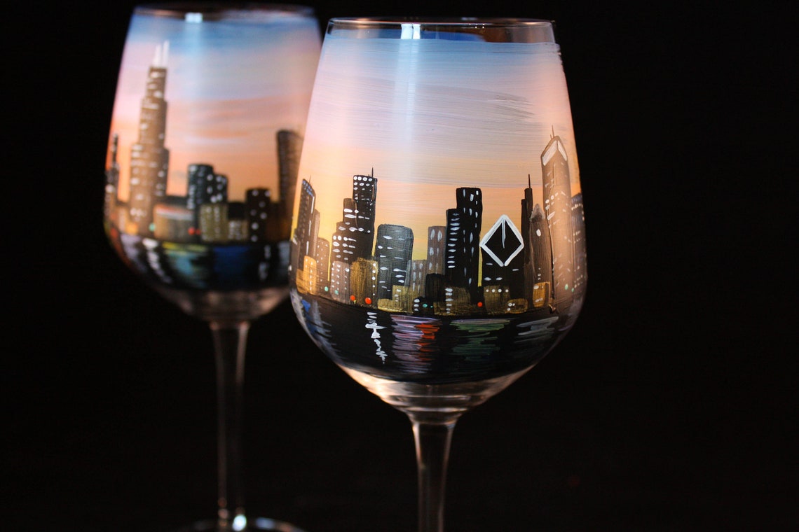 Chicago City Skyline 2 Wine Glasses Etsy