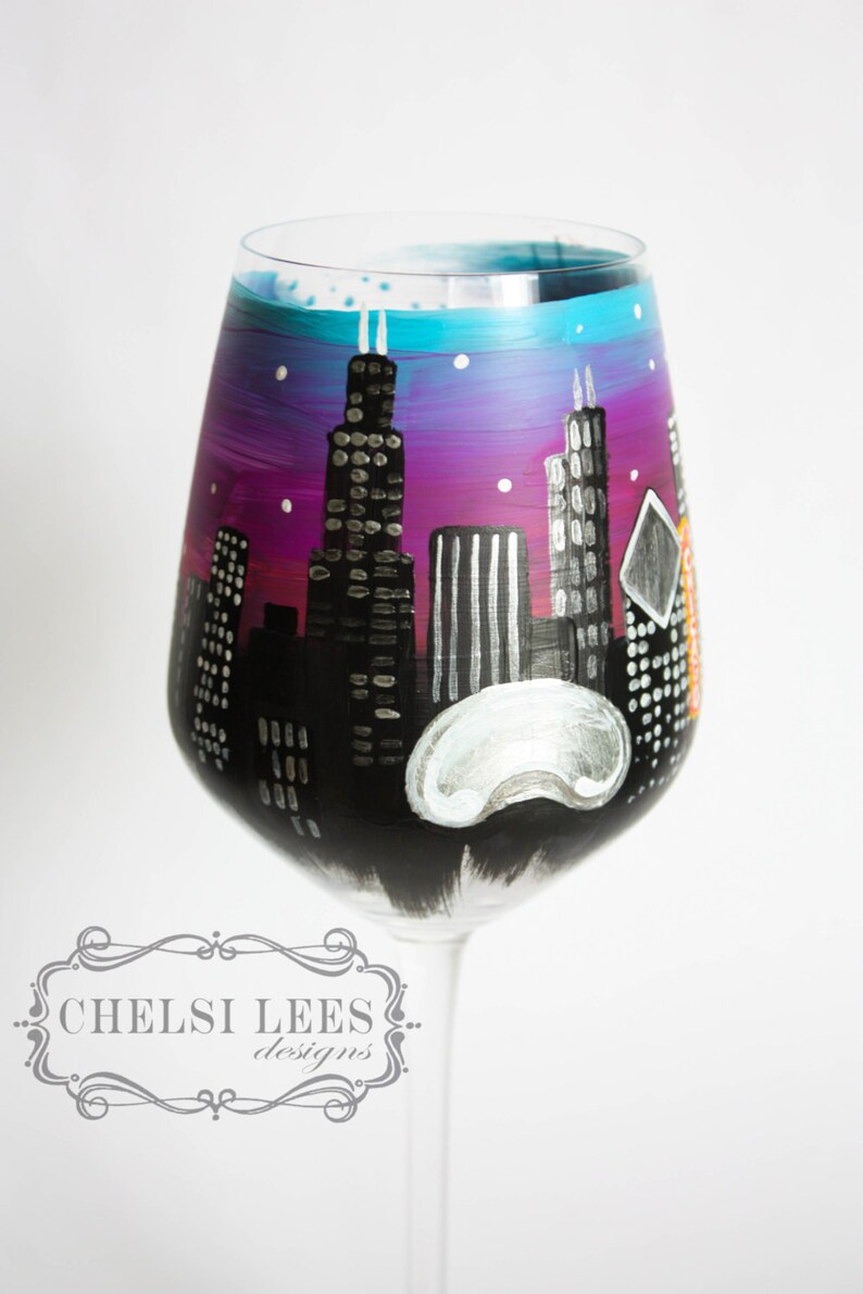Hand Painted Wine Glass Chicago City Skyline Etsy