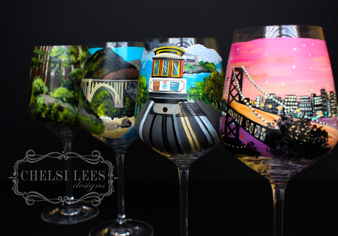 San Francisco California CA Hand Painted Wine Glass Set Etsy