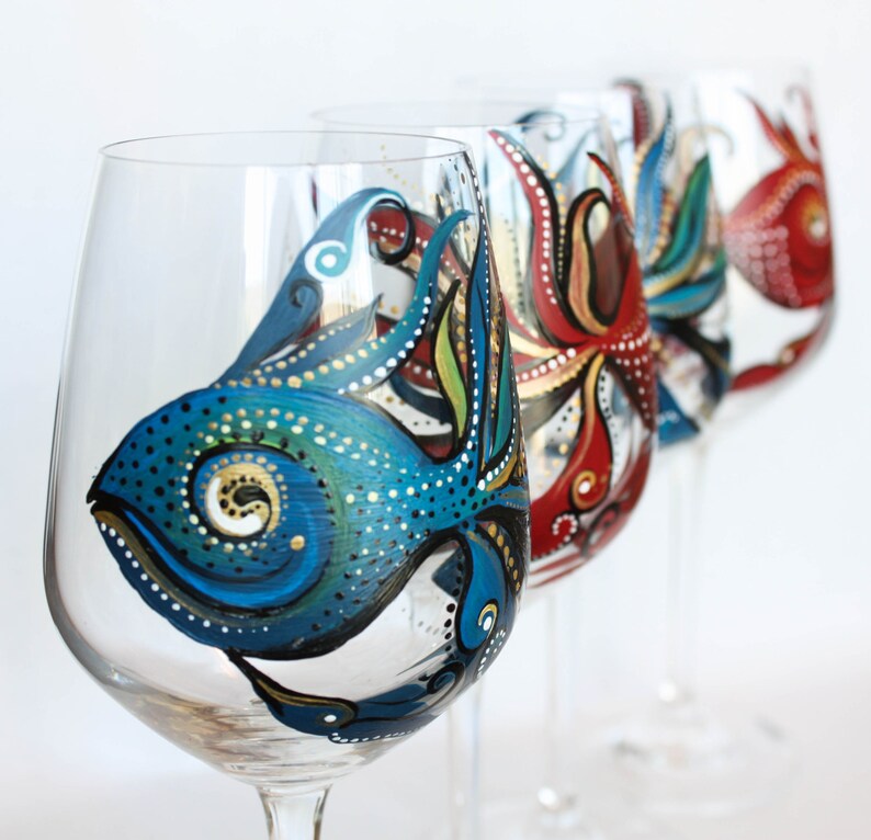 Hand Painted Wine Glass Red Fish Blue Fish set of 4 Etsy