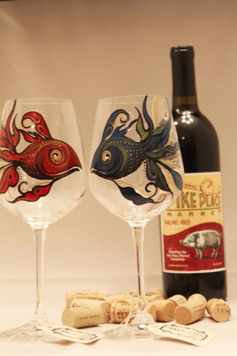 Hand Painted Wine Glass Red Fish Blue Fish set of 2 Etsy