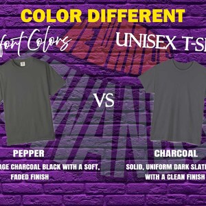 two t-shirts, one gray and one black, against a purple brick wall background. The gray t-shirt is labeled "PEPPER" and the black t-shirt is labeled "CHARCOAL". The text above the t-shirts reads "COLOR DIFFERENT" and below the t-shirts, it says "UNISEX T-SHIRT". The text below the gray t-shirt says "WASHED VINTAGE CHARCOAL BLACK WITH A SOFT, SOLID, UNIFORM DARK SLATE GREY WITH A CLEAN FINISH".