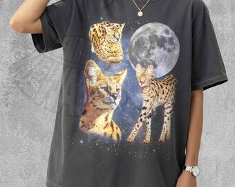Three Serval Moon Shirt, Funny Wild Cat T-shirt, Retro Celestial Feline Tee, Unique African Serval Lover Gift, Galaxy Animal Top