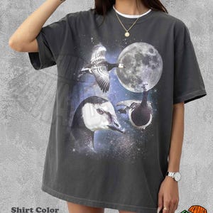 Pode incluir: Uma t-shirt de manga curta na cor pimenta com uma estampa gráfica de três gansos em posições de voo e em pé contra um fundo de lua cheia e céu estrelado. O design apresenta uma estética cósmica escura com um tema celestial.
