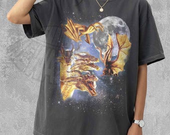 King Ghidorah Moon Shirt Retro Vintage 90s Style Celestial Golden Dragon Graphic Tee Japanese Monster Animal Design Aesthetic Space Apparel