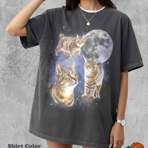 May include: A pepper-colored short-sleeve t-shirt featuring a graphic print of three brown tabby cats against a dark blue space background with a large full moon. The design includes a starry night sky motif and a faded, vintage-style aesthetic.