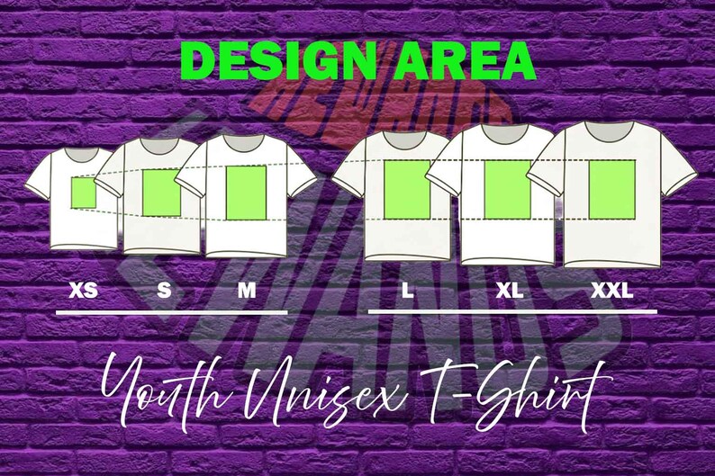 The image is a design area for a youth uniform t-shirt, featuring six different size options labeled as 'XS', 'S', 'M', 'L', 'XL', and 'XXL'.