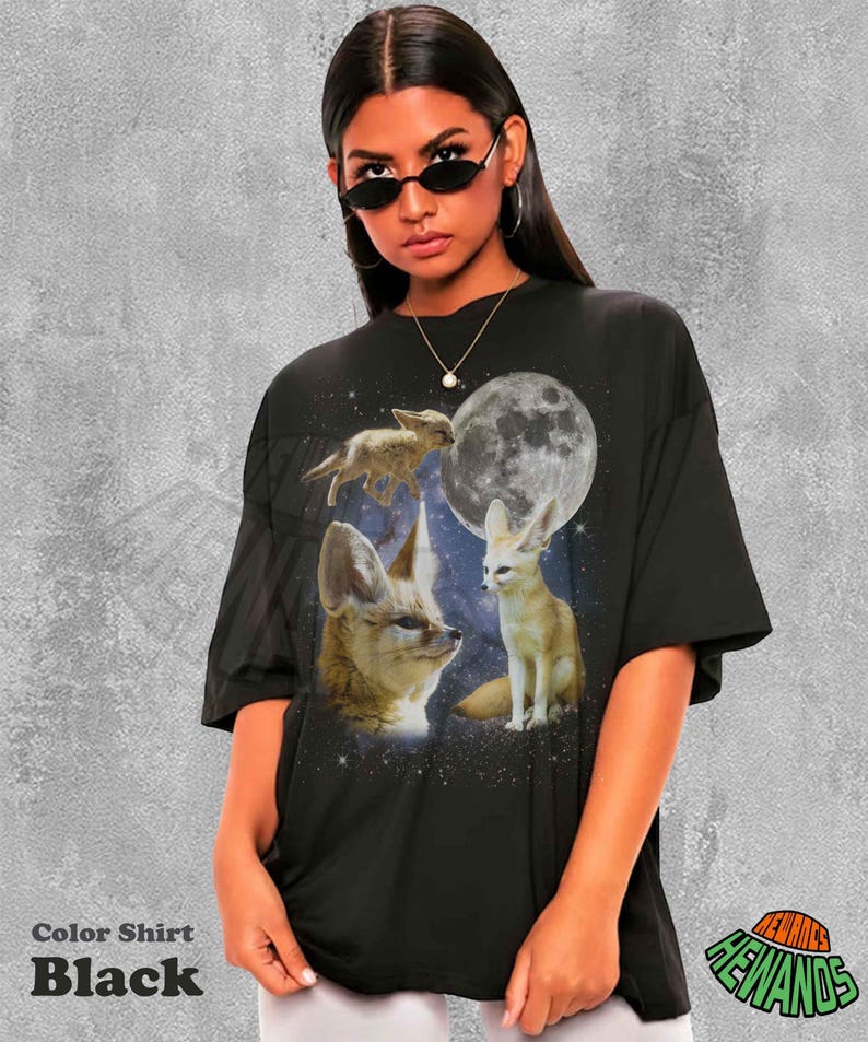 Three Fennec Fox Retro Graphic T-shirts, Vintage Fennec Fox Moon Tshirt, Fennec Fox Shirt, Funny Tee, Oversized Fennec Fox Shirt, Fox Shirt image 2