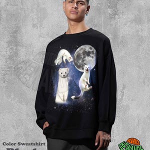 May include: Black sweatshirt featuring a graphic of three white ferrets, a full moon, and a starry background. The text "Color Sweatshirt Black" is at the bottom left. The sweatshirt is worn by a person.
