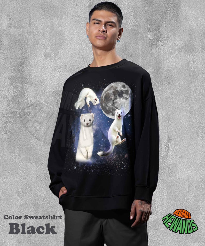 May include: Black sweatshirt featuring a graphic of three white ferrets, a full moon, and a starry background. The text "Color Sweatshirt Black" is at the bottom left. The sweatshirt is worn by a person.