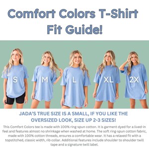 The image is a collage of five photos of women wearing blue t-shirts with size indicators, along with a caption describing the fit guide for the comfort colors t-shirt.