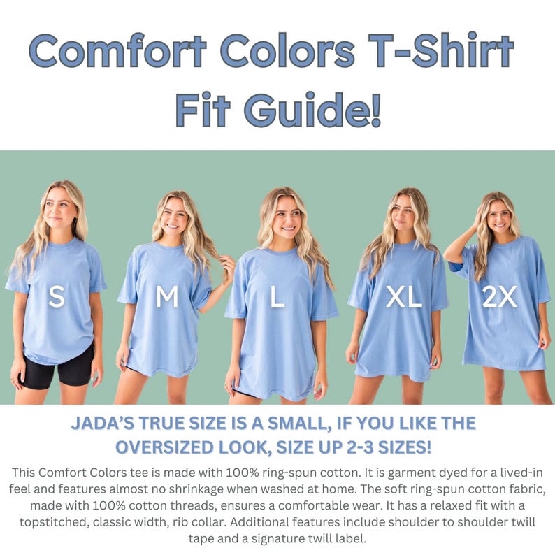 The image is a collage of five photos of women wearing blue t-shirts with size indicators, along with a caption describing the fit guide for the comfort colors t-shirt.