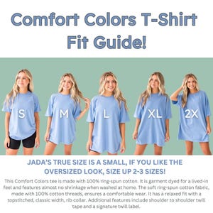 The image is a collage of five photos of women wearing blue t-shirts with size indicators, along with a caption describing the fit guide for the comfort colors t-shirt.