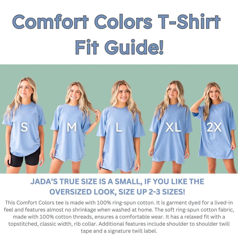 The image is a collage of five photos of women wearing blue t-shirts with size indicators, along with a caption describing the fit guide for the comfort colors t-shirt.