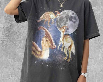 Vintage Parasaurolophus månskjorta - Retro estetisk dinosauriegrafik T-shirt - Himmelsk djurkonst - Boho 90-talsstil förhistorisk djurlivsgåva