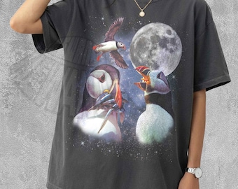 Three Puffin Tshirt, Vintage Seabird Graphic Tee, Cute Ocean Bird Shirt, Funny Wildlife Tshirt, Oversized Retro Animal Top, Coastal Nature