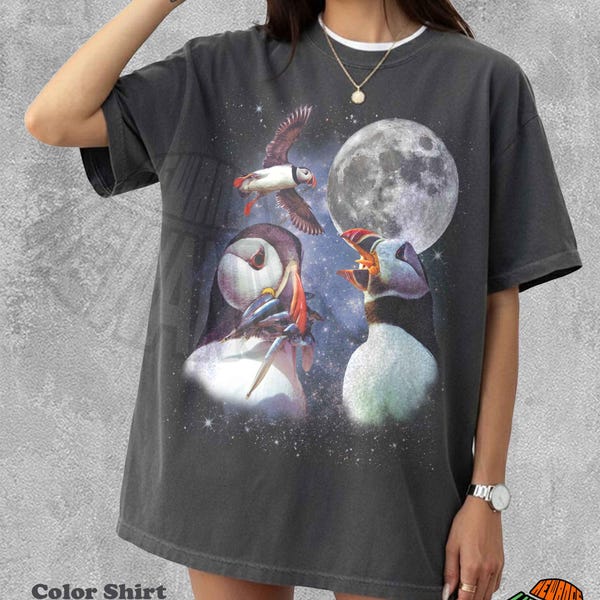 T-shirt trois macareux, t-shirt graphique vintage oiseaux de mer, jolie chemise oiseau de l'océan, t-shirt animal sauvage drôle, haut animal rétro surdimensionné, nature côtière