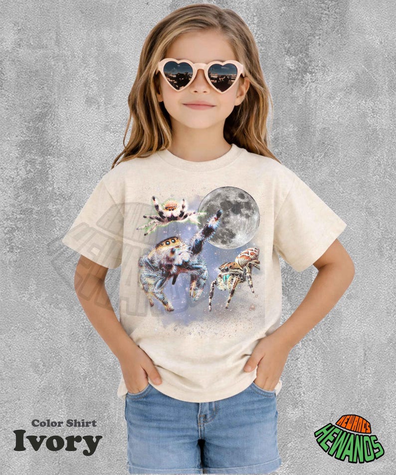 Tres camisetas retro con estampado de arañas saltarinas, camiseta vintage de Halloween con luna, camiseta de araña, araña divertida, lavada de gran tamaño, camiseta de araña saltarina imagen 3