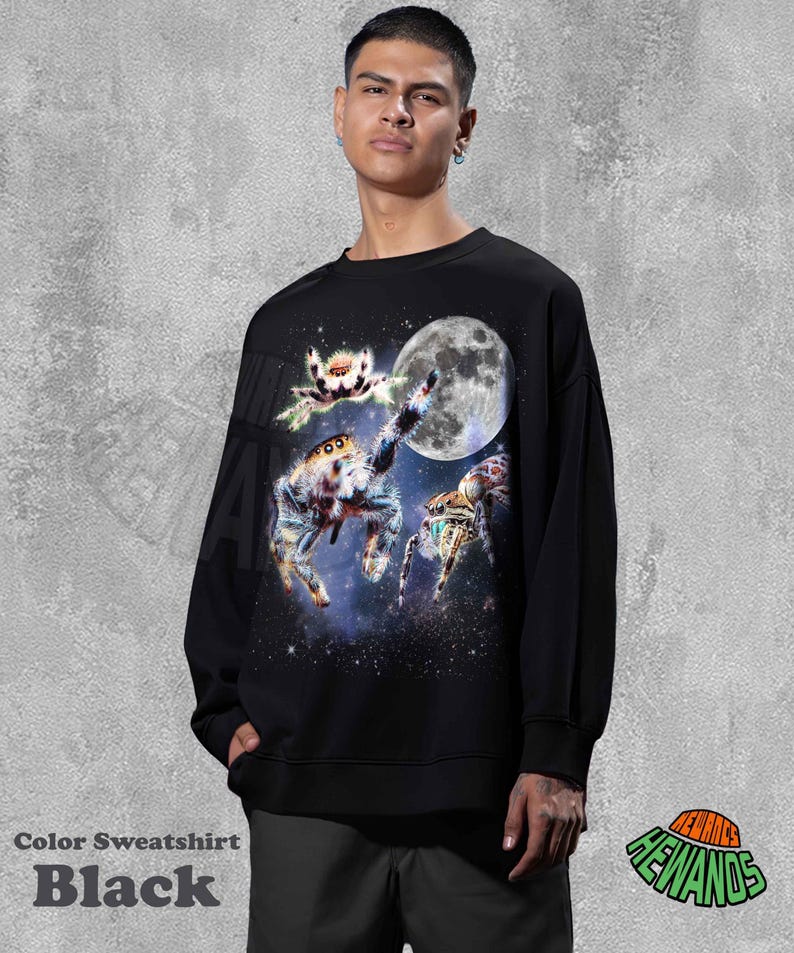 Tres camisetas retro con estampado de arañas saltarinas, camiseta vintage de Halloween con luna, camiseta de araña, araña divertida, lavada de gran tamaño, camiseta de araña saltarina imagen 4