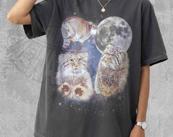 Tshirt graphique rétro Three Manul Cat, chemise vintage Pallas Cat lune, t-shirt oversize chat sauvage, haut animal exotique drôle, cadeau félin pour lui