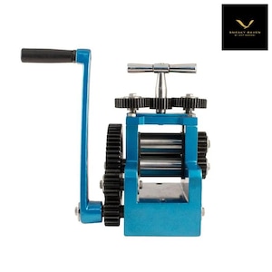 May include: A blue metal rolling mill with a black handle and gears. The mill has a silver handle on top and is designed for metalworking. The "Sneaky Raven" logo is in the upper right corner.