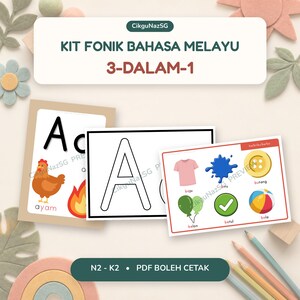 以下が含まれることがあります： マレー語のフォニックスキット。文字A、鶏、火のイラストが描かれた学習カード、黒と白の文字Aの輪郭カード、シャツ、青いしぶき、ボタン、風船、チェックマーク、ボールの画像が描かれたカラフルな語彙カードが含まれています。