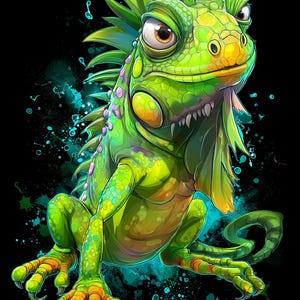 Könnte beinhalten: Eine lebendige Illustration eines Cartoon-Leguans mit einem detaillierten, strukturierten grünen Körper, gelben Akzenten und einem stacheligen Kamm. Der Leguan hat große, ausdrucksstarke Augen und ist vor einem schwarzen Hintergrund mit türkisfarbenen Spritzern dargestellt.