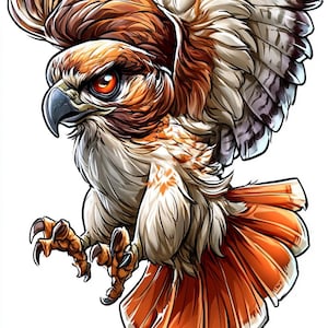 May include: A detailed illustration of a hawk in flight, featuring a dynamic pose with outstretched wings and talons. The hawk's feathers are a mix of brown, orange, and white, with a fierce expression and piercing orange eyes. The artwork is set against a white background.