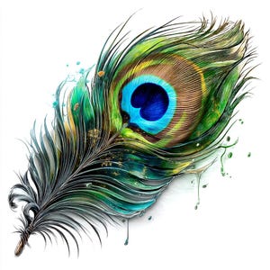May include: A digitally rendered peacock feather. The feather is predominantly green and blue, with a central eye featuring a deep blue centre and concentric brown and gold rings. The feather's intricate details and textures are highlighted against a white background.