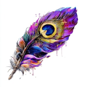 May include: A digitally painted peacock feather on a white backdrop. The feather displays a central eye design with blue, gold, and green tones, encircled by a gradient of purple, blue, and orange. The quill is brown and textured.