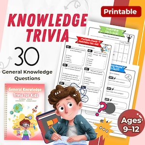 Puede incluir: Un imprimible educativo y colorido para niños de 9 a 12 años, con preguntas de trivia de conocimientos generales. La imagen incluye un libro titulado "General Knowledge Trivia for Kids" y hojas de preguntas de opción múltiple. La palabra "Imprimible" está arriba.