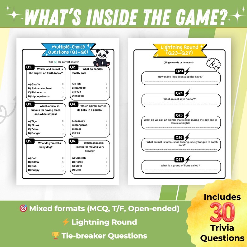 Printable Land Animals Trivia for Kids 6–9 | Wildlife Educational Quiz ...