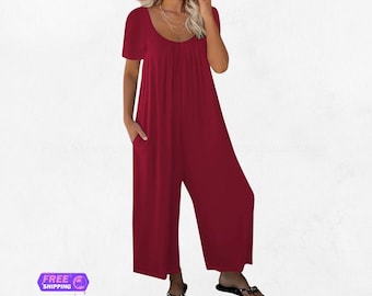Plus Size Women's Summer Romper Jumpsuit Short Sleeve Casual Solid Color Pocket Overalls