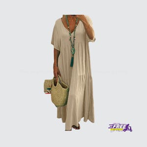 プラスサイズ Vネック プリーツ マキシドレス、ゆったりとしたゆったりとしたカジュアルサマースタイル