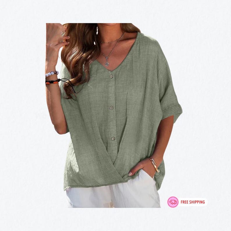 Women's Cotton Linen V-neck Button Shirt | Loose Short Sleeve Summer ...