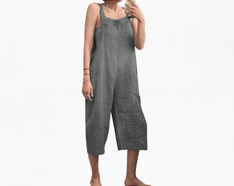 Dames katoen/linnen harem jumpsuit mouwloos losse vintage overalls effen kleur casual outfit